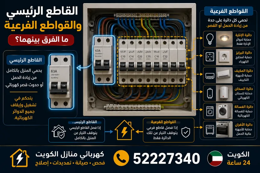 الفرق بين القاطع الرئيسي والقواطع الفرعية في لوحة الكهرباء